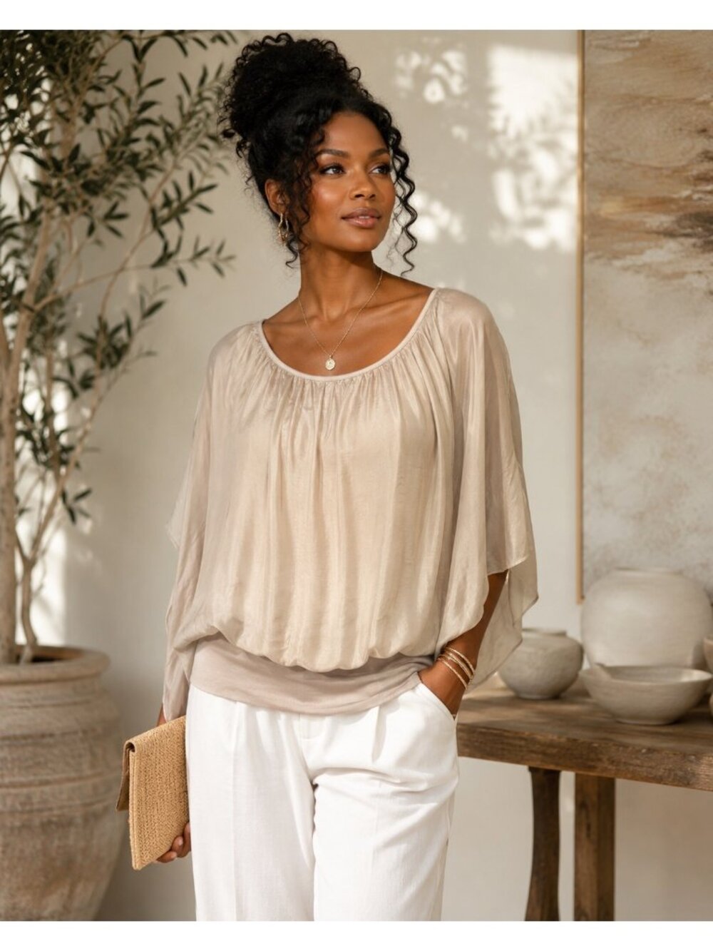 GUISY Made in Italy Silk Blend Draped Batwing Blouse Size L Beige Taupe Quiet Lu